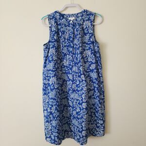 J Jill Love Linen Womens Sleeveless Shirt Dress Blue White Floral Pockets Size M